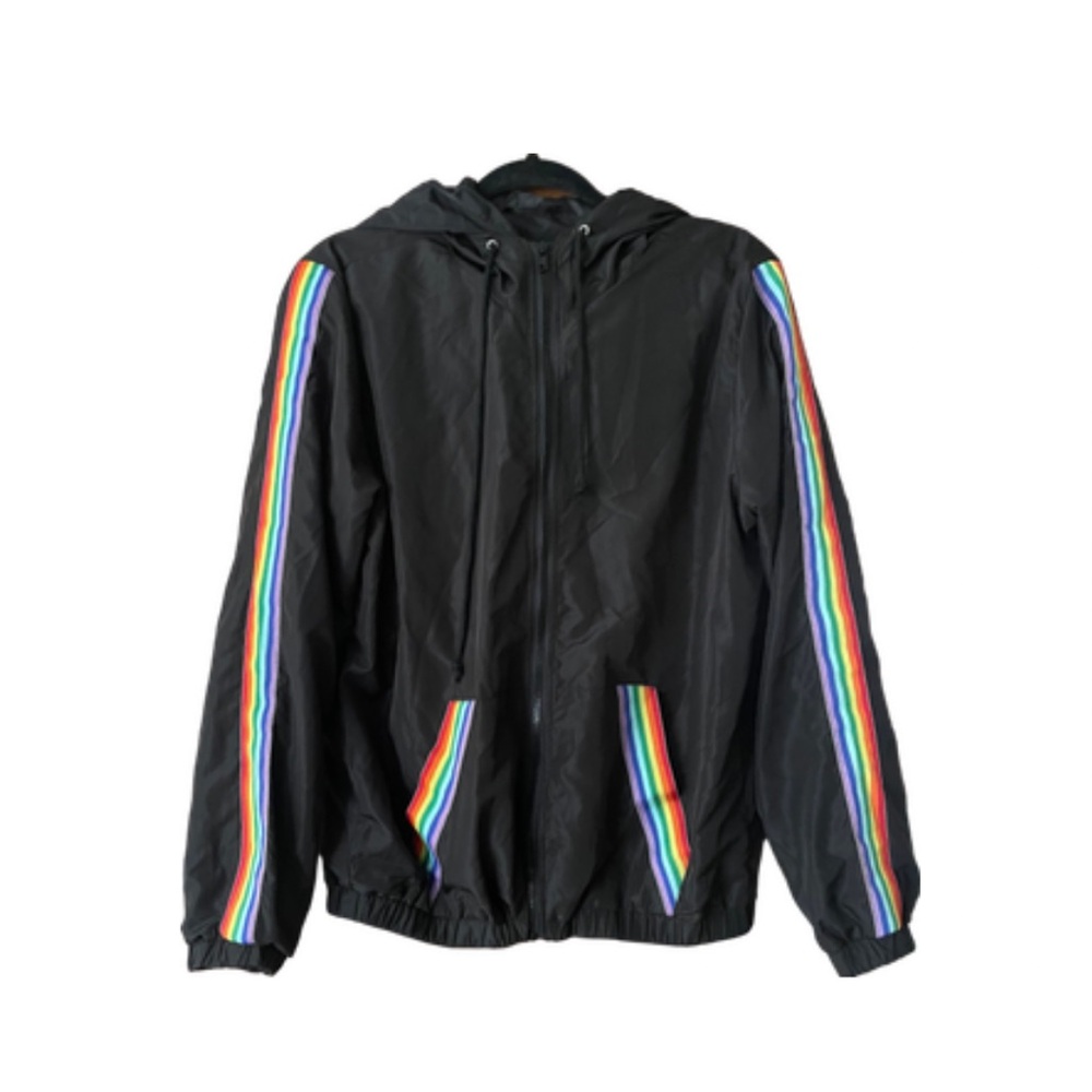 🌈 rue21 rainbow racing stripes black windbreaker